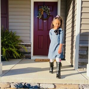 Charming Blue Denim Kids Dress with Black Bow